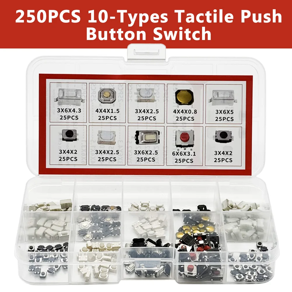 250PCS 10 Types Tactile Push Button Switch Car Keys Button Touch Microswitch Kit with box