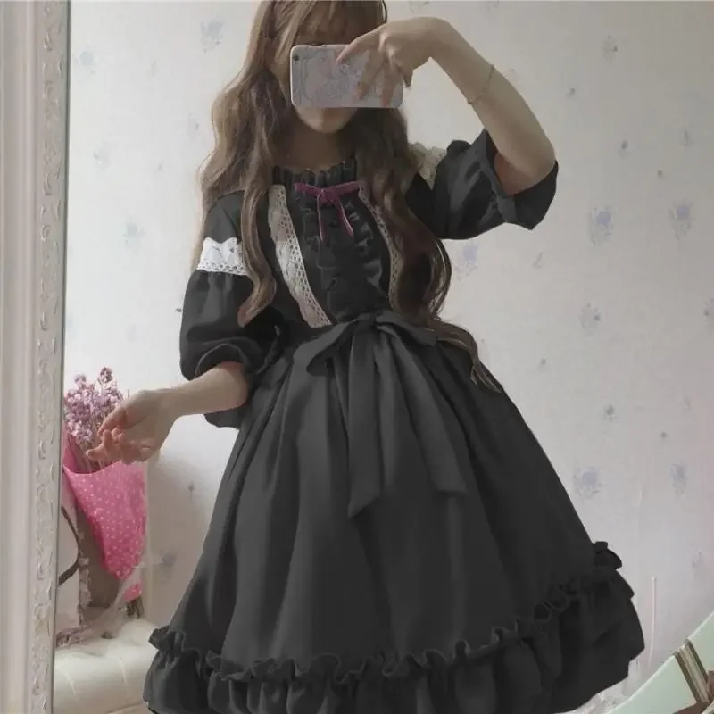 Alice In Wondeland Donne Carine Lolita OP Vestito Balze Lace Trim Giapponese Harajuku Maniche Lunghe Bambola Adolescente Vestito Fata Abiti