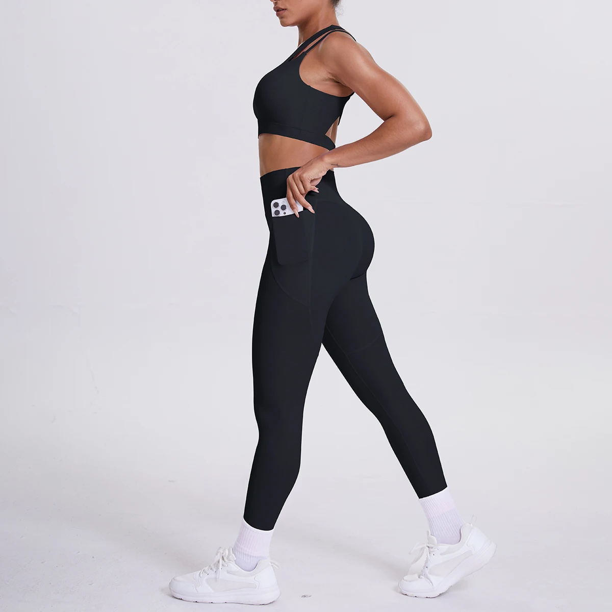 2-teiliges einfarbiges Sport-Yoga-Set für Damen, sexy, schräger Schulter-BH, Fitness-Top, Laufen, Radfahren, Taschen, Hosen, Fitnessstudio, Yoga-Set – Detail 9