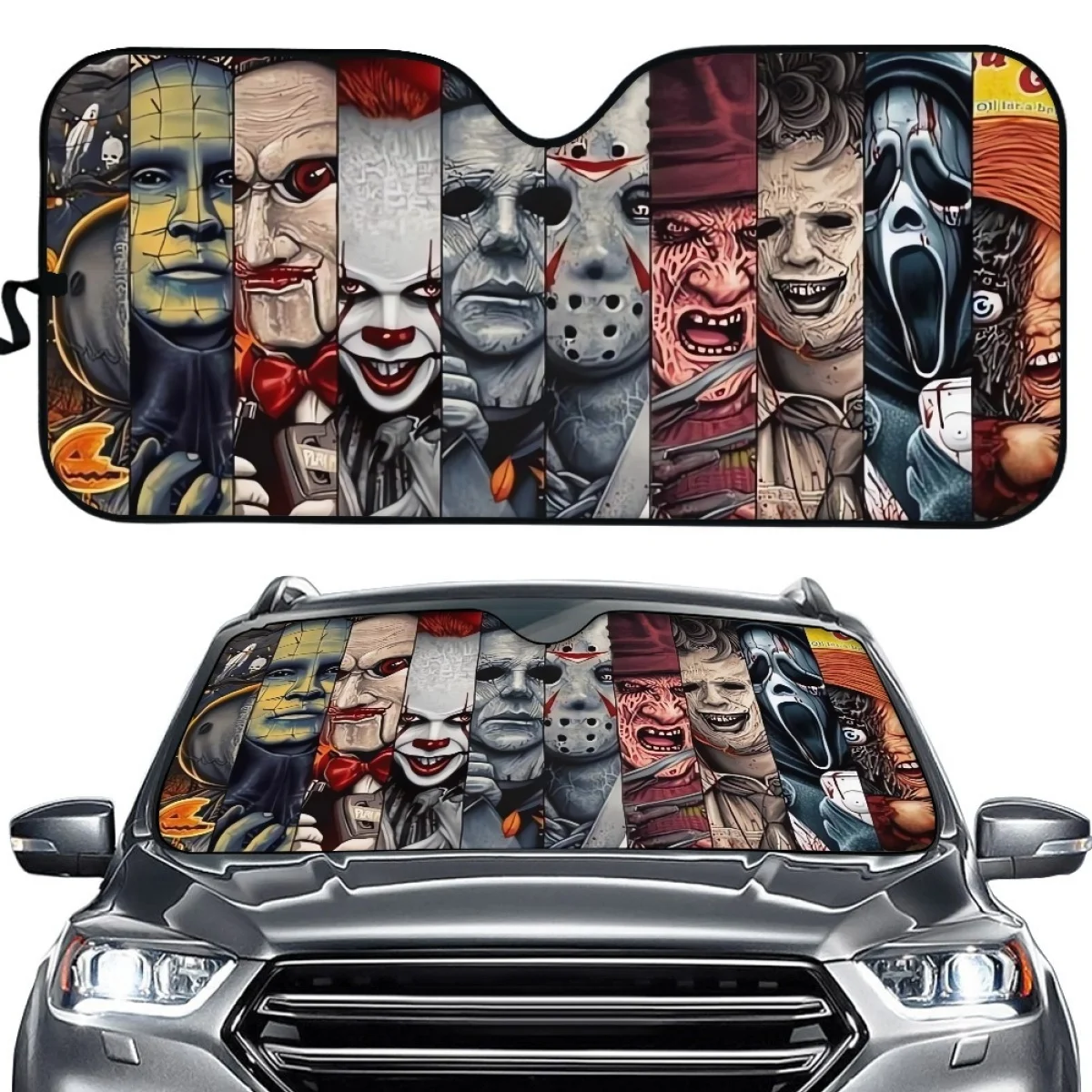 Classic Thriller Horror Movie Characters Universal Fit Auto Windshield Sun Shade for SUV Vehicles Easy to Intall Halloween Gifts