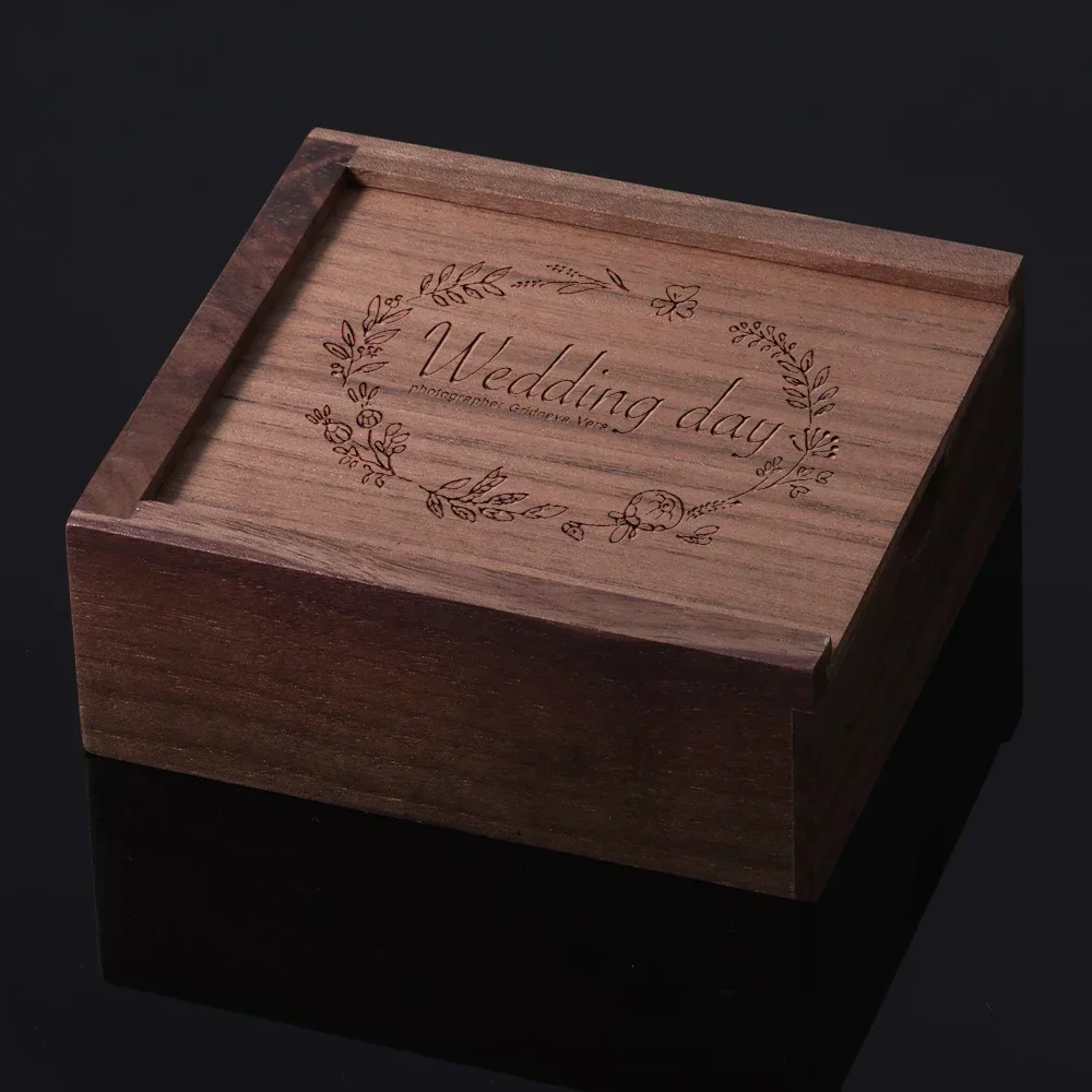 1Pcs Free Engraving Walnut Square Wooden Unfinished Storage Box for Necklace Jewelry Or USB Wood Decor Printing Custom Wood Box