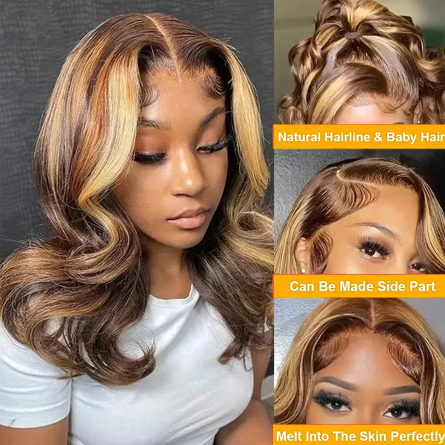 البني يسلط الضوء على الدانتيل الجبهة الباروكات الشعر البشري 13x4 HD الدانتيل الشفاف أمامي الجسم موجة للنساء 200% الكثافة غلويليس الباروكات هوم
