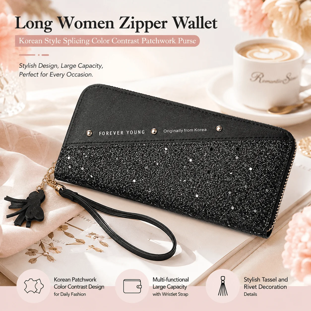 Women Wallet Korean Style Patchwork Tassel Long Zipper Purse Large Capacity PU Leather Card Holder Fashion Clutch Wristlet Ladies Handbag Multi-functional Phone Pocket Daily Use Trendy Five Colors Available High Quality Elegant Designer Female Accessories