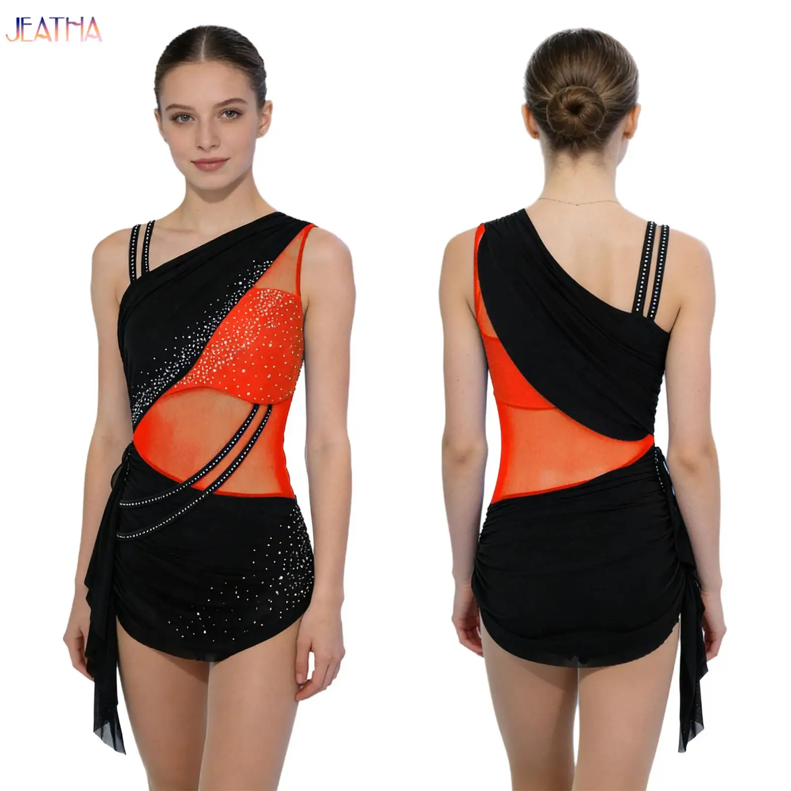 

Color Block Women's Bodysuit with Rhinestones Asymmetrical Shoulders Modern Lyrical Latin Dance Skirt Buttoned Crotch Jumpsuit