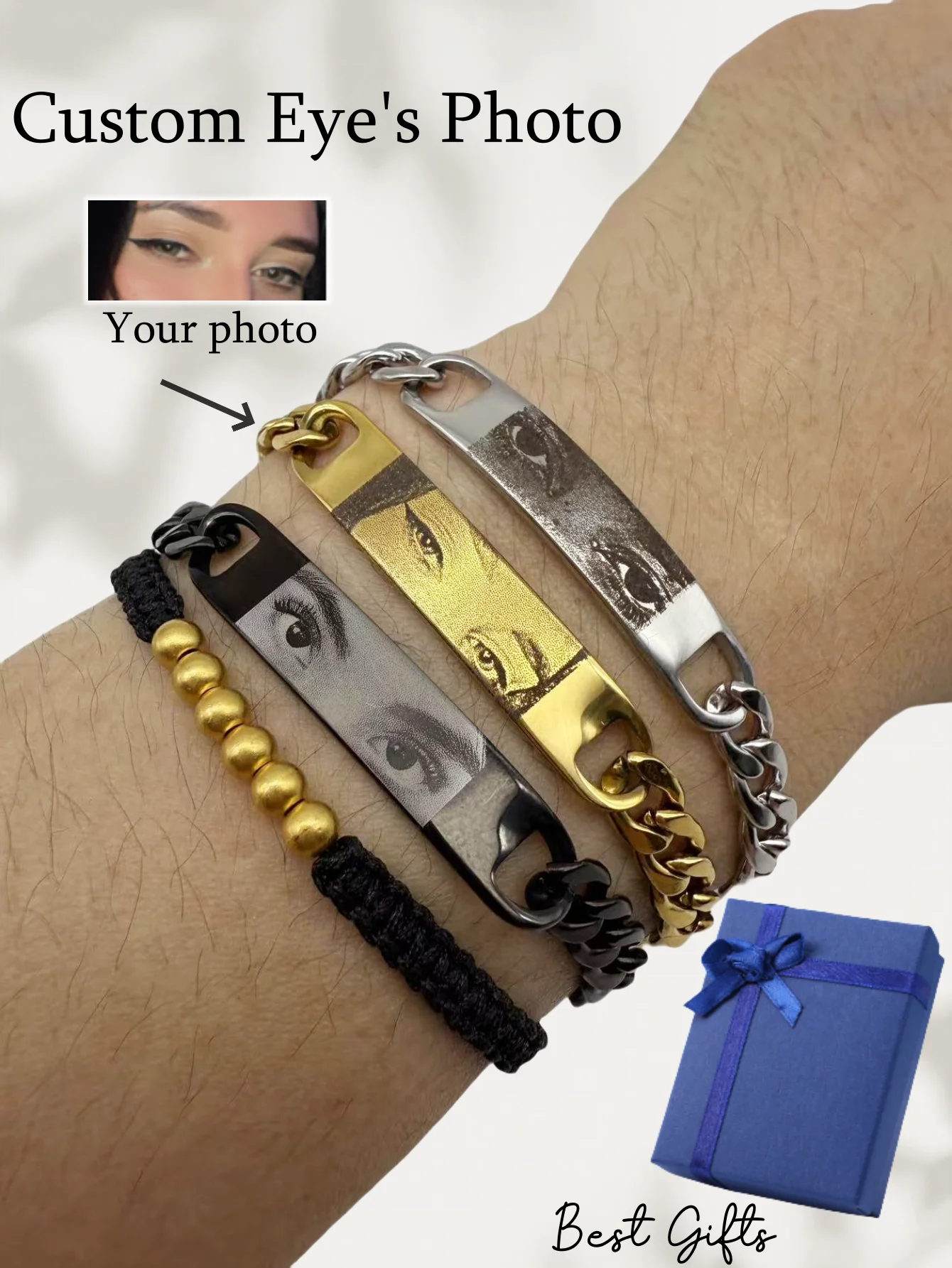 

Custom Eye's Photo Bracelet Stainless Steel Cuban Chain 18K Gold Plated Pendant Engraved Picture DIY Bracelet Father's Day Gifts