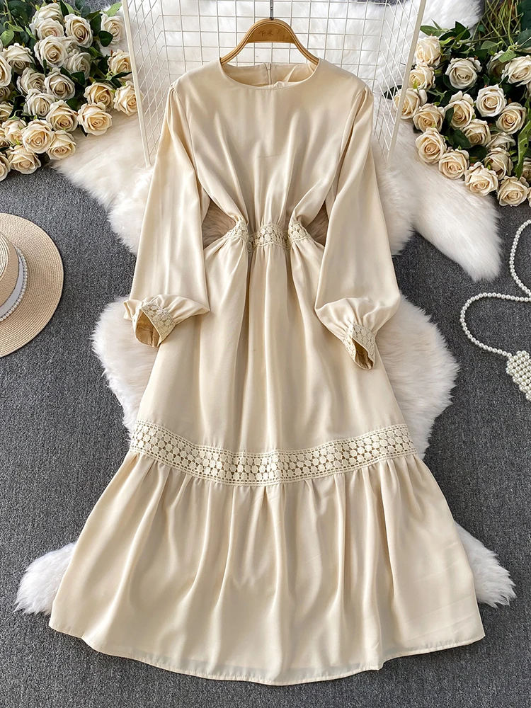 Mulheres no outono vestido francês socialite estilo suave damasco em torno do pescoço rendas retalhos cetim saia longa vestidos femininos ds227