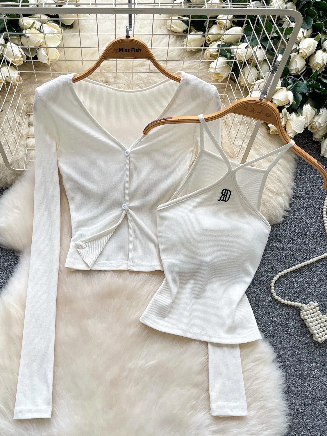 

Women's Slim Fit Vest Top And Bot Two-Piece Set Long Sve V-Ne Open Cardigan Casual Commute Sle Autumn Faion