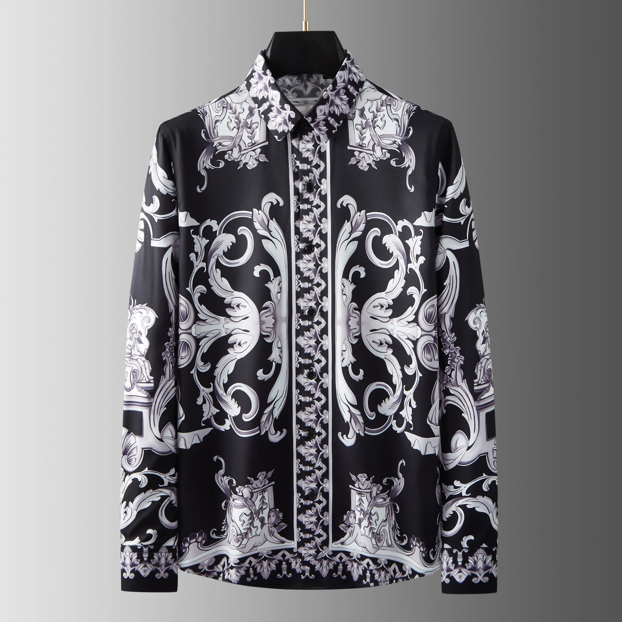 

High-end black and white Baroque relief long-sleeved shirt for men - luxurious and retro floral blouse