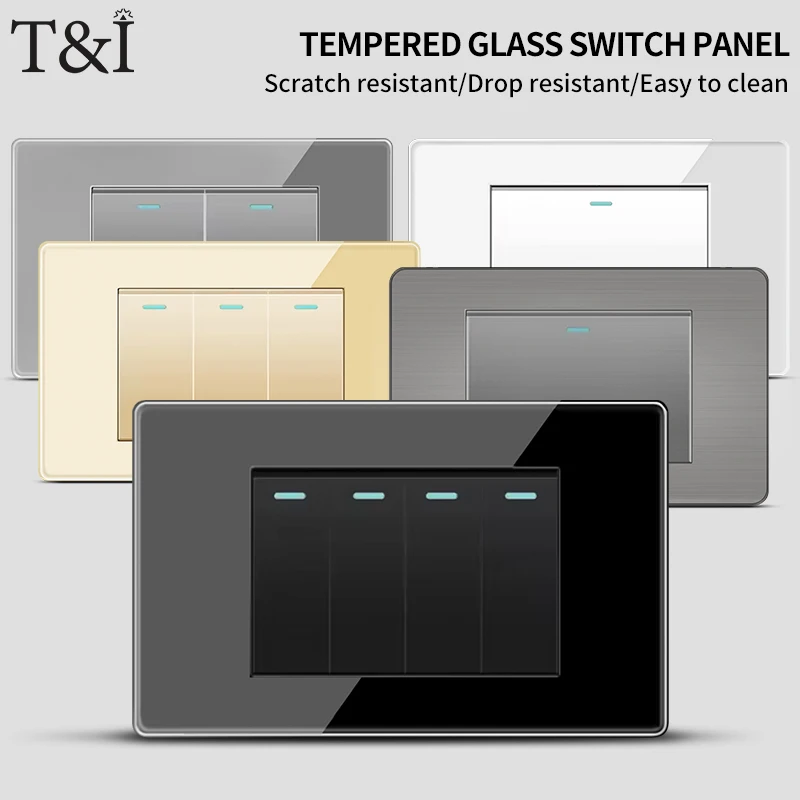 

Electrical Light Switch 1 2 3 4gang 2way Push Button Switch 16A 250V 118mm*72mm Tempered Glass Panel black gold white grey