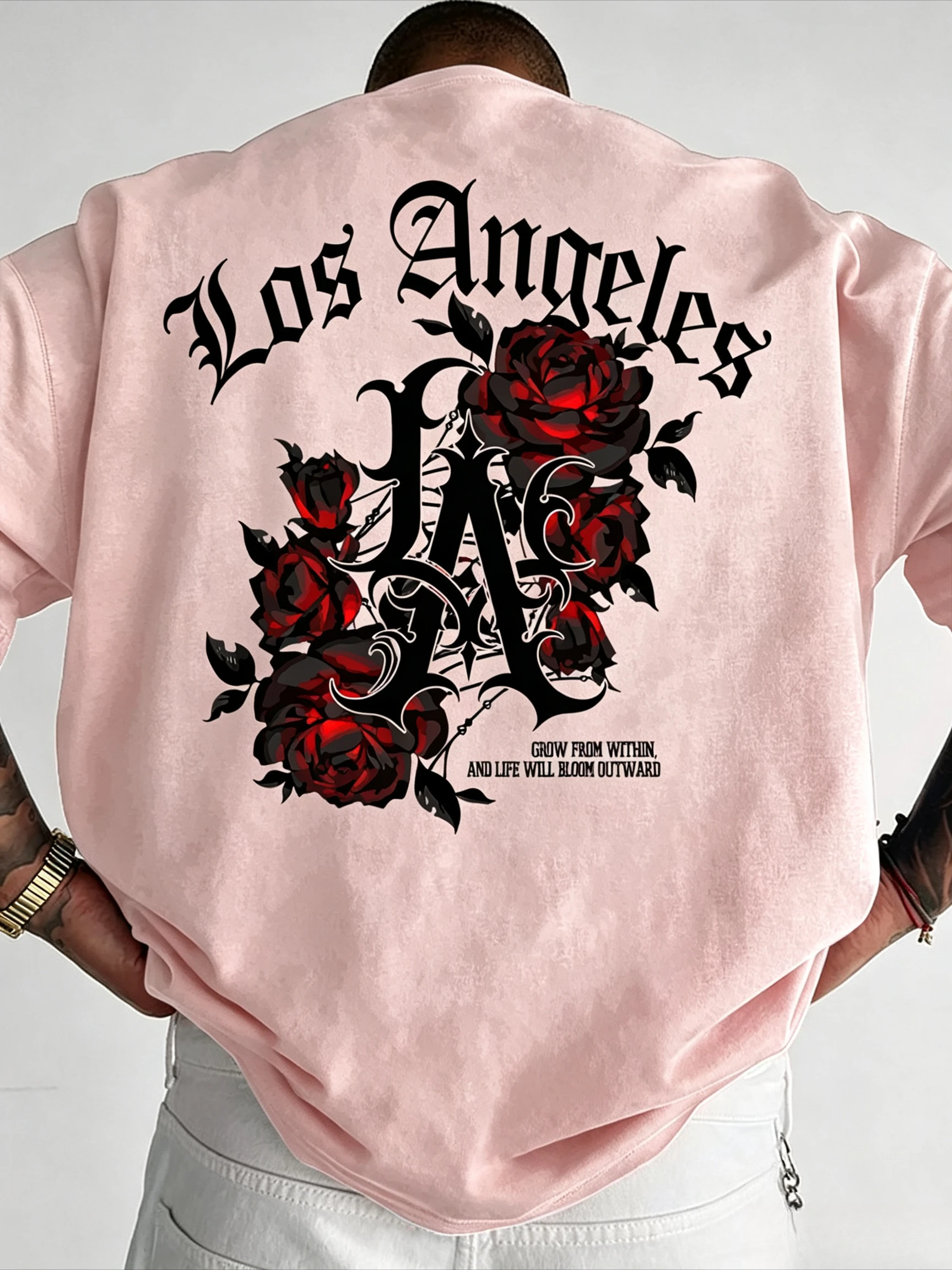 Family Matching T‑Shirt Los Angeles Gothic Red Rose Floral Back Print Parent‑Child Loose Casual Streetwear Cotton Tee Tops
