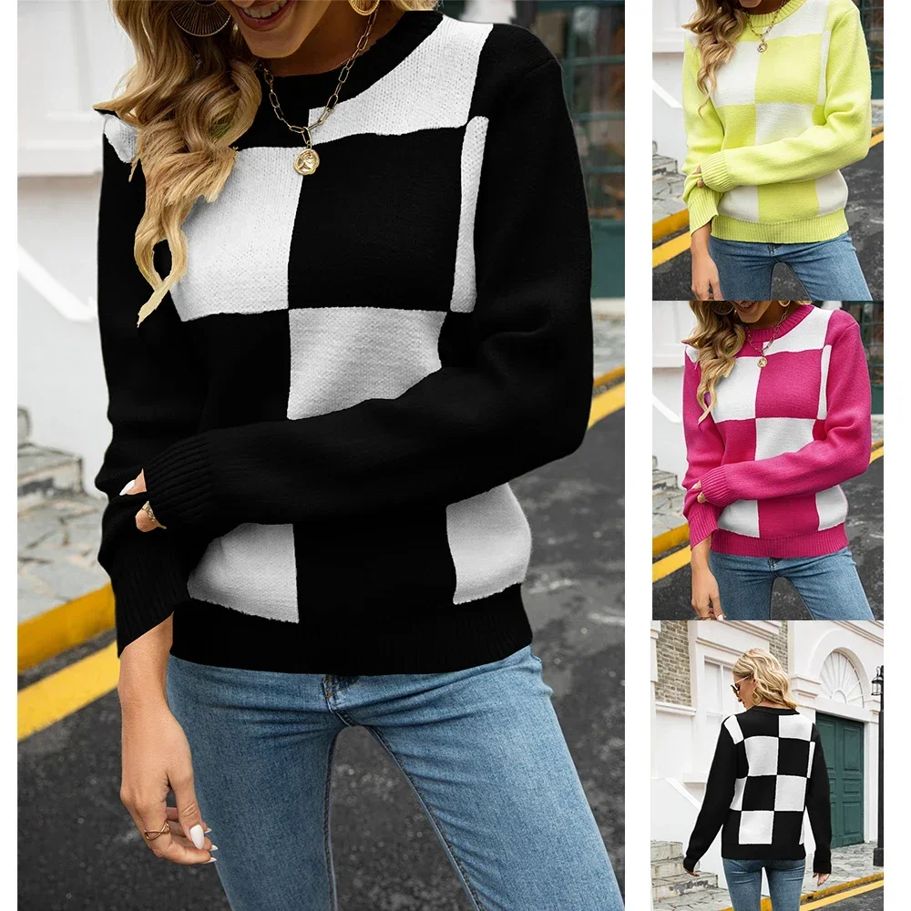 Women's Large Size Sweater Black and White Checkered Long-sleeved Pullover Casual Loose Hoodie Knit Crew-neck Jumper Sweater