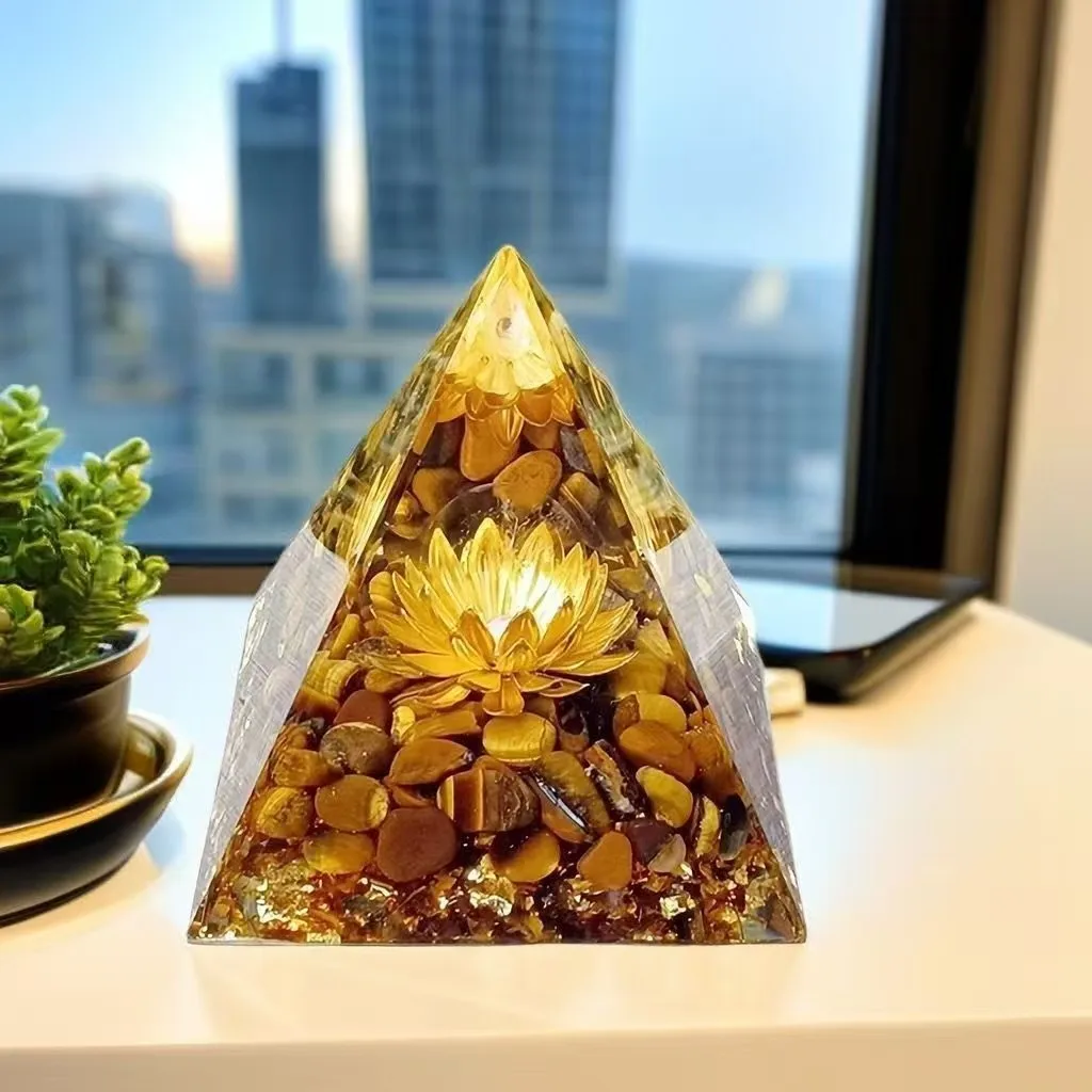 1pc 2inch White crystal lotus pyramid, containing white crystal tiger eye stone, suitable for home decoration and holiday gifts