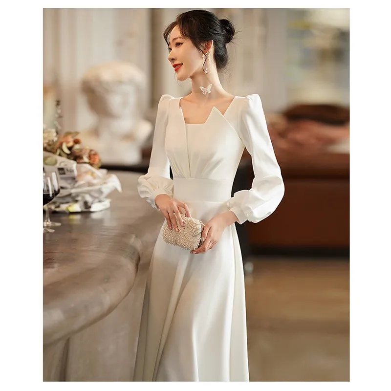 Robe de Soirée en Satin Blanc à Manches sulf, Tenue Élégante et Personnalisée pour Banquet, Bal et ixAnnuelle