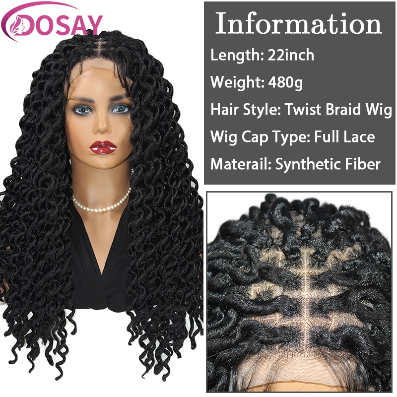 Synthetic Twist Braided Wigs Heat Resistant Goddess Faux Locs Braids Lace Frontal Wig 22inch Full Lace Braid Wig with Curly Ends