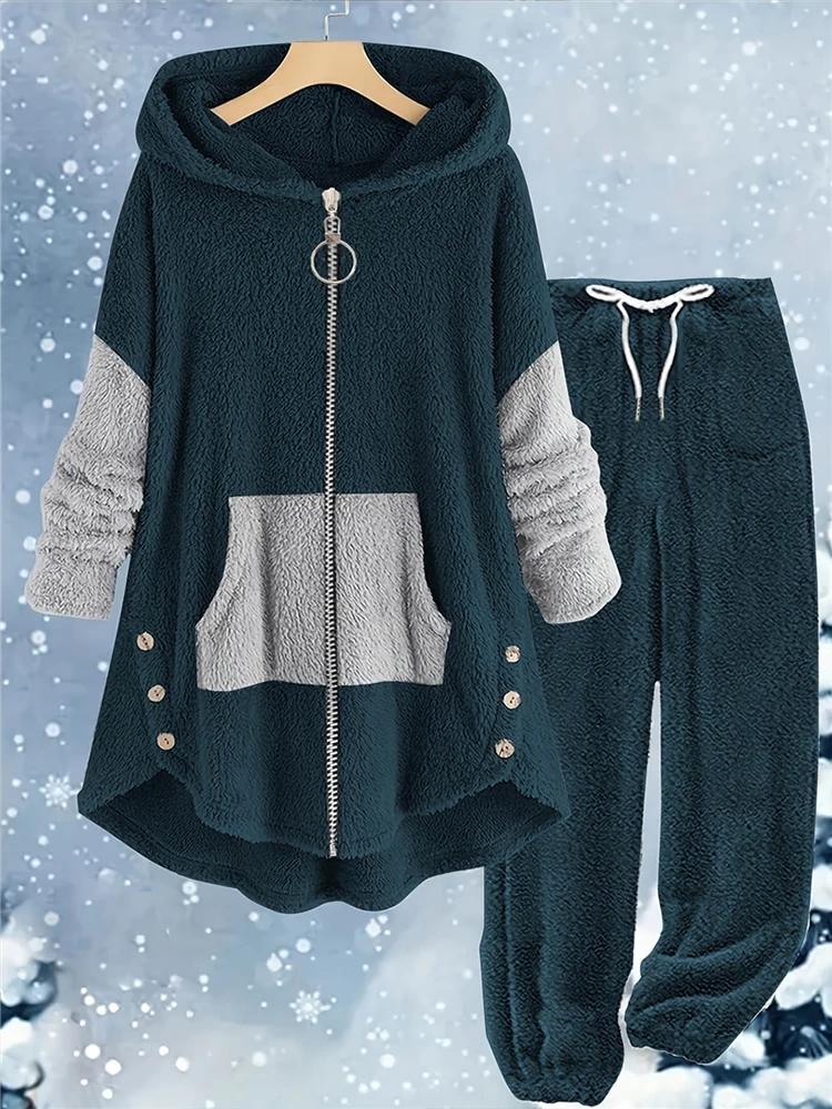 Conjunto de suéter cálido y contrastante de talla grande a la venta, cárdigan con capucha y cremallera, pantalones largos con cordón y puños elásticos