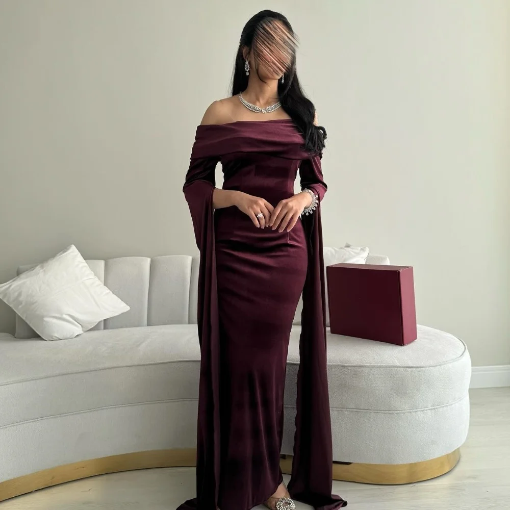 

Customized Exquisite Elegant Velour Pleat Ruched Straight Off-the-shoulder Long Dresses Bespoke Occasion Dresses Matching Casual