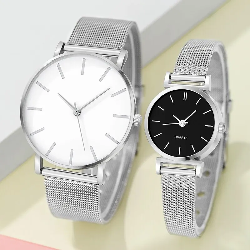 2pcs Stainless Steel Quartz Watches For Women Men Leisure Fashion Golden Ladies Clock Wristwatch