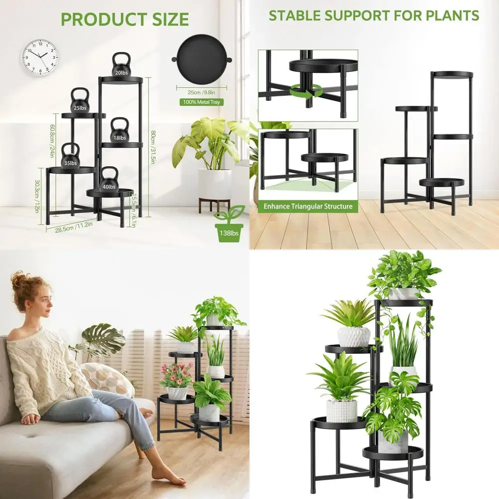 

Многоярусная подставка для растений (5 ярусов) с широким поддоном 25 см, металлическая, для дома и улицы, высокая, складная, для веранды