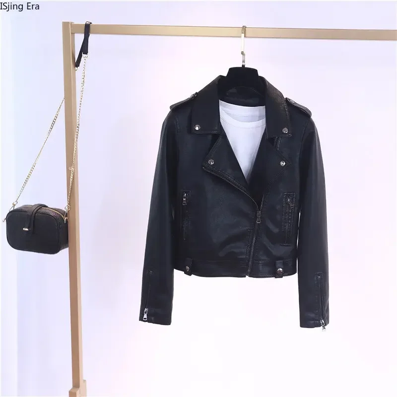 2023 Spring Fashion New Women's PU Leather Short Fit Motorcycle Lapel Versatile Simple Washable Leather Q15