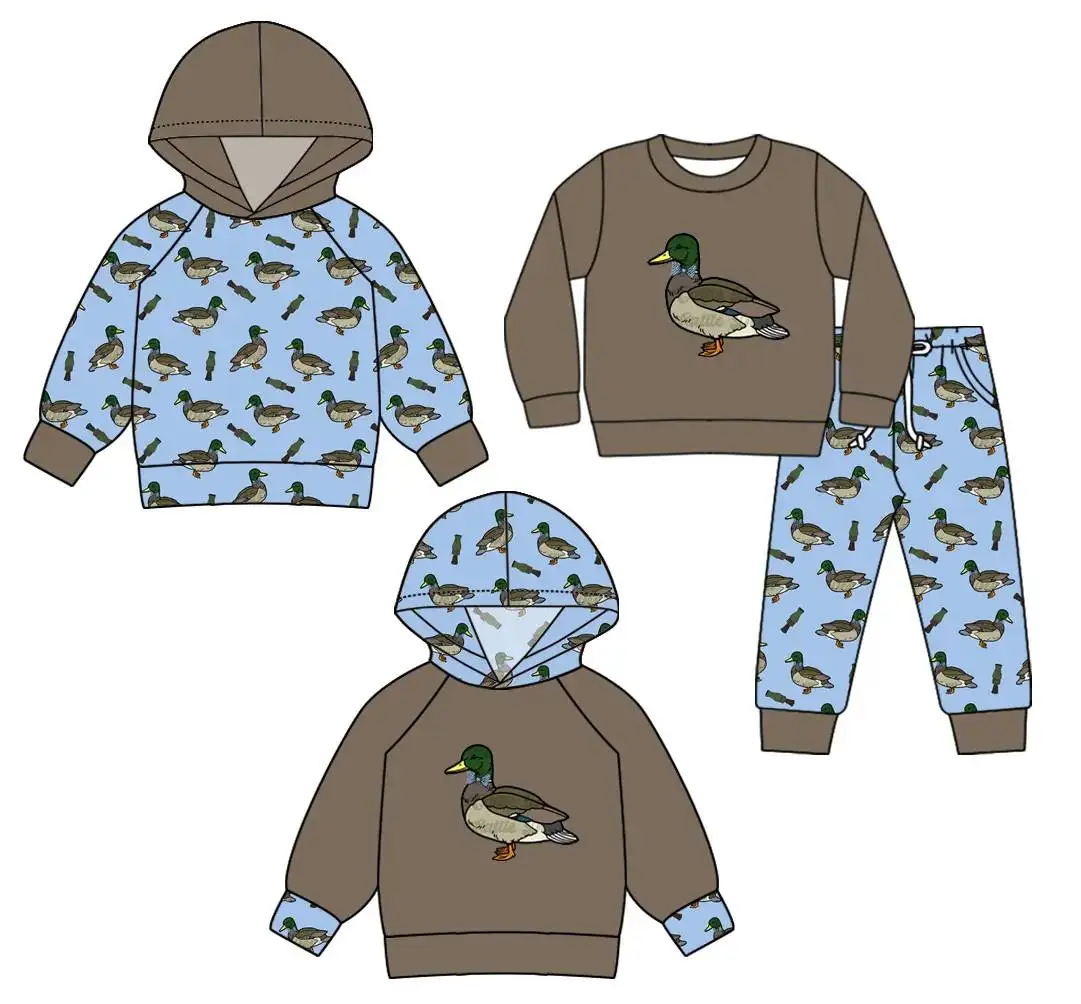 New design blue series duck print long sleeve hooded top pant suit newborn jumpsuit boutique wholesale