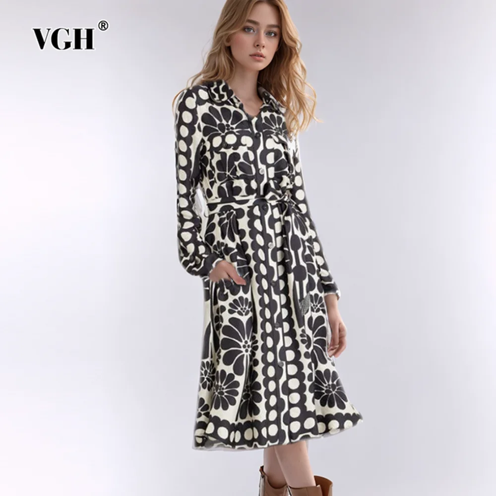 

VGH Hit Color Printing Patchwork Lace Up Dress For Women Lapel Long Sleeve High Waist Temperament Dresses Female Fashion Style