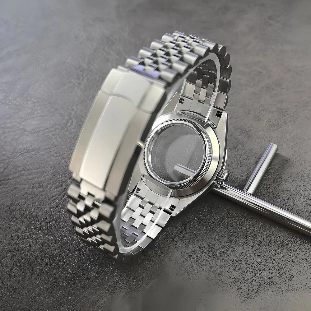 36 مللي متر/39 مللي متر حافظة ساعة من الفولاذ المقاوم للصدأ مع كريستال الياقوت يناسب NH35/NH36 حافة حلزونية 20 مللي متر حزام فولاذي عرض التاريخ المكبر