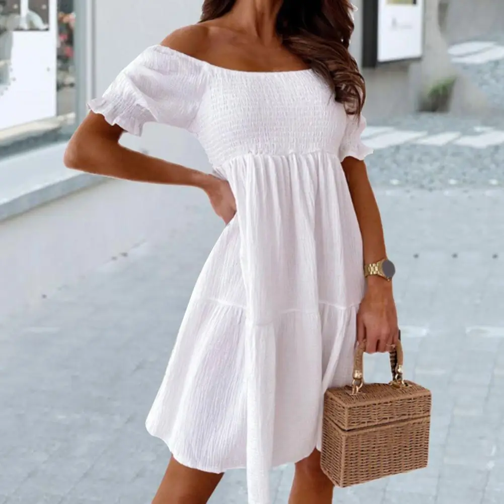 

Women Sexy Backless Mini Dress 2024 Summer Fashion Lady Slash Neck White Puff Sleeve Big Swing Party Beach Dresses Casual Robe