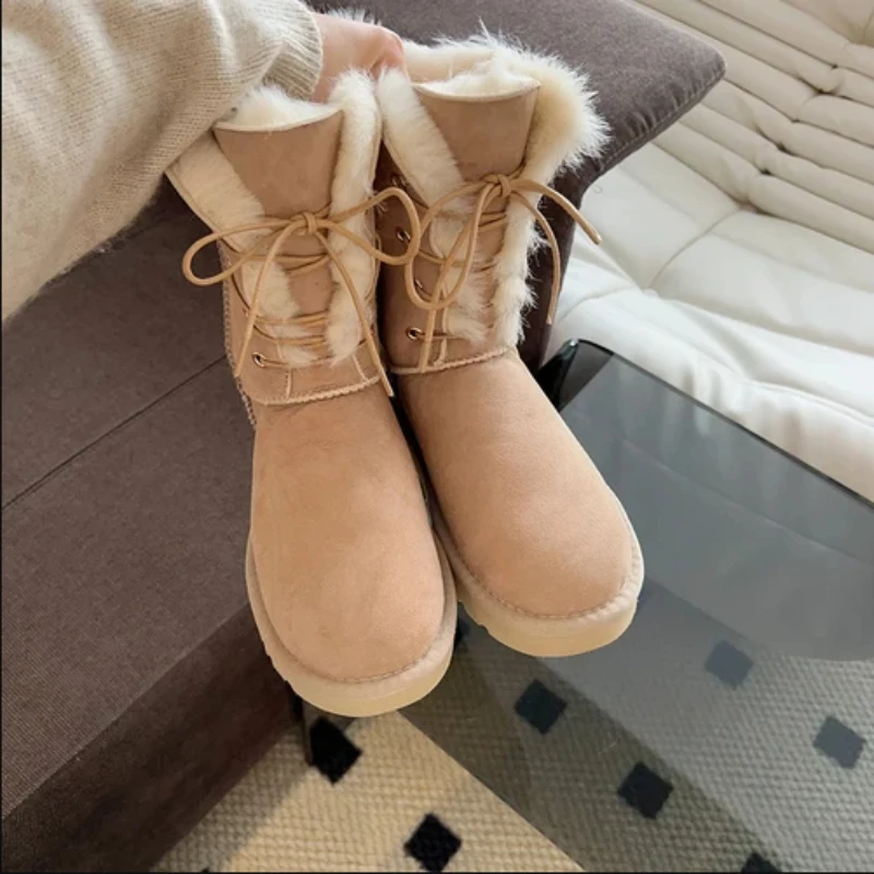 Goddess Australia Snow Boots Women Sheepskin Boots Wool Winter Camel Sheep Fur Warm Flat Mid-calf Lace-up Cotton Shoes