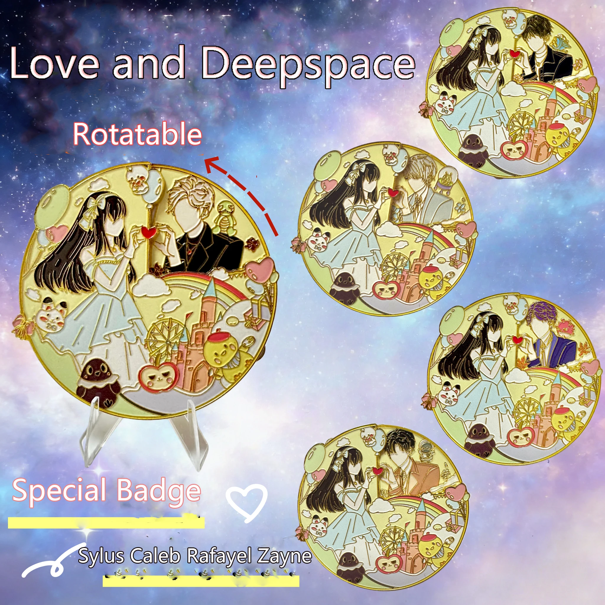 Love And Deepspace Sylus Caleb Rafayel Zayne Cosplay Badges Charming Rotatable Pin Kawaii Tinplate Laser Badges Backpack Decor