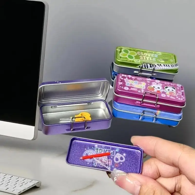 Iron Pencil Box Pretend Play Set Model for Dollhouse, Double Layer with Pen, Ruler, Scissors, Tape, Micro Landscape Decor.