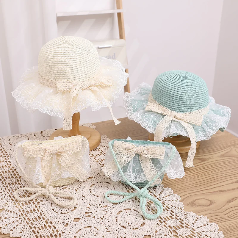 Baby Girls Straw Hat And Shoulder Bag Set Summer Fashion Beach Bucket Cap Parent-Child Wide Brim Lace Holiday Beach Sun Hats