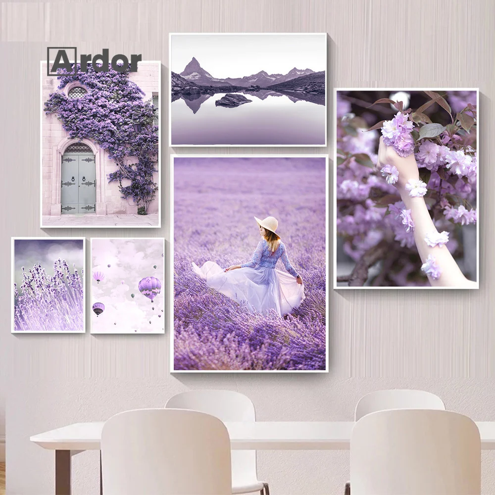 Purple Lavender Manor Landscape Painting Nordic Poster Canvas Flower Girl Basket Hot Air Balloon Wall Art Pictures Bedroom Decor