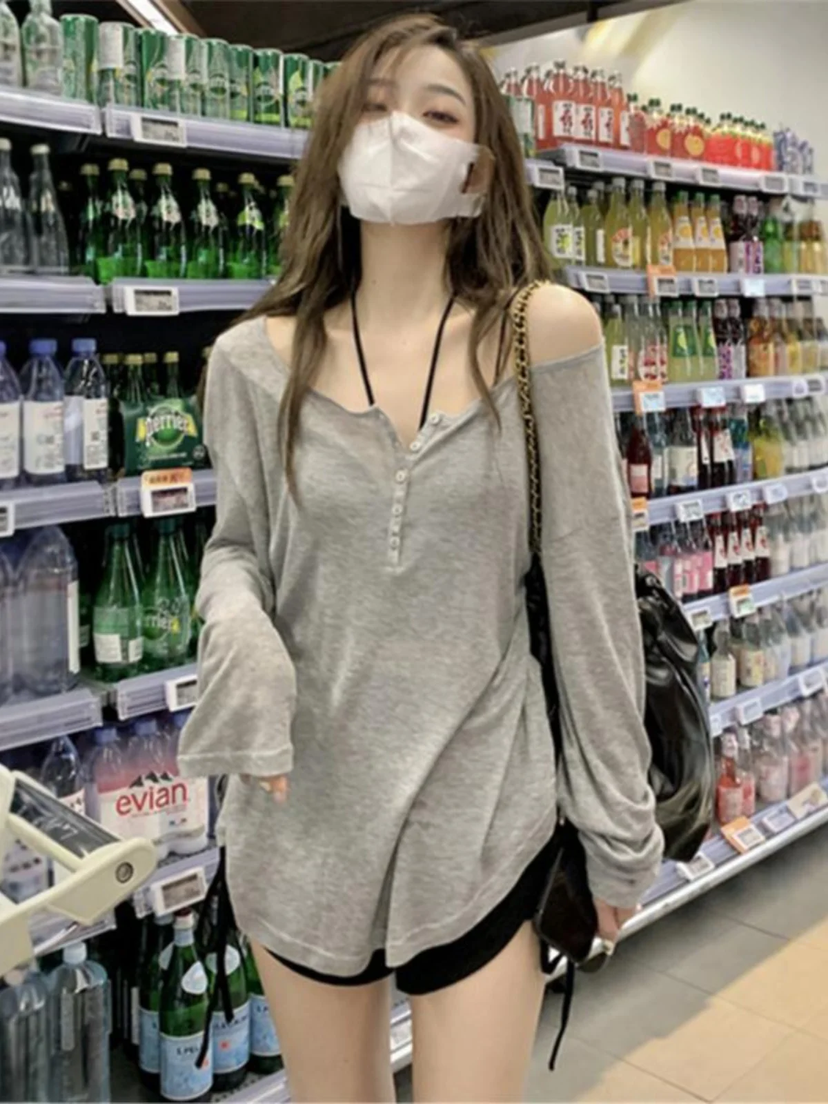 Loose Long Sleeve Women's T-shirt Sun Protection Cover up Spring Autumn Grey Thin Ins Style Casual Comfortable Top