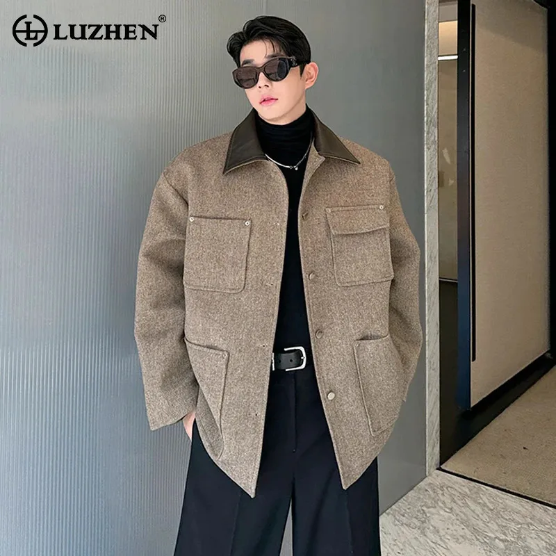 

Мужская куртка LUZHEN New Multi Leather 2025: модный свободный крой, ретро-дизайн, пэчворк, карманы, из искусственной кожи, весна, JY5972