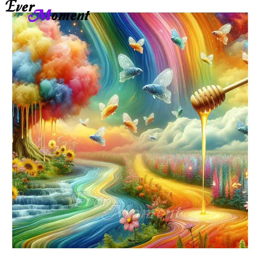 

5D AB Фея Пылезащитные Бусины Летающая Рыба и Красочные Цветы Медовая Мозаика Вышивка Пейзажная Картина ASF2922