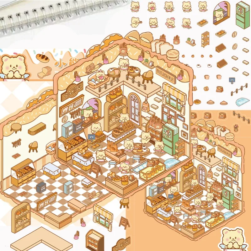 Cartoon Landscaping Sticker Bear Bakery Miniature World 3D Decompression DIY Scene Handbook Sticker