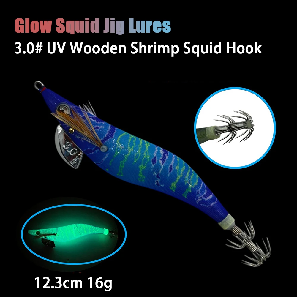 UV-Glüh-Garnelen-Tintenfischköder aus Holz, 12,3 cm, 16 g, sinkender Köder mit Rasselperlen, verstärkter Haken, Salzwasser-Süßwasser-Angelgerät