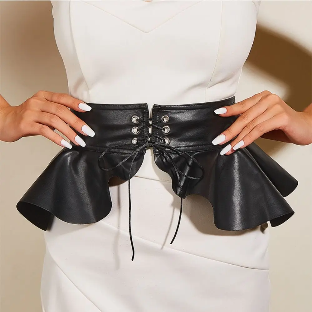 

Luxury PU Leather Cummerbunds with Skirt High Waist Dress Girdle Female Waistband Strap Wide Waist Belt Dress