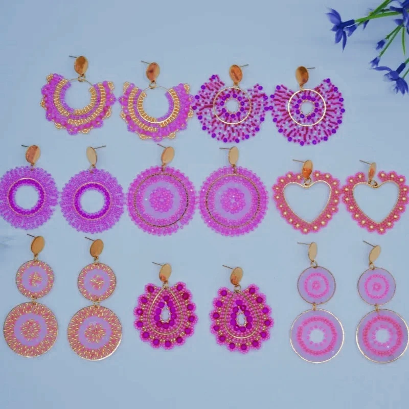 ZGMXR Rice bead earrings Round Gradient color Crystal Hand knitting Bohemia Alloy Fashion  Heart Water drop Beaded earrings