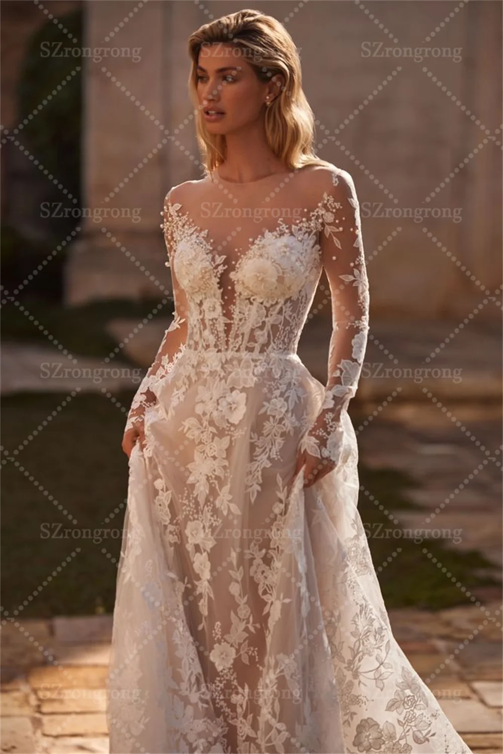 فستان زفاف بوهيمي برقبة وهمية دانتيل وأكمام طويلة على شكل حرف A وزر خلفي بطول الأرض فستان زفاف الشاطئ مع ذيل مصنوع حسب الطلب #3