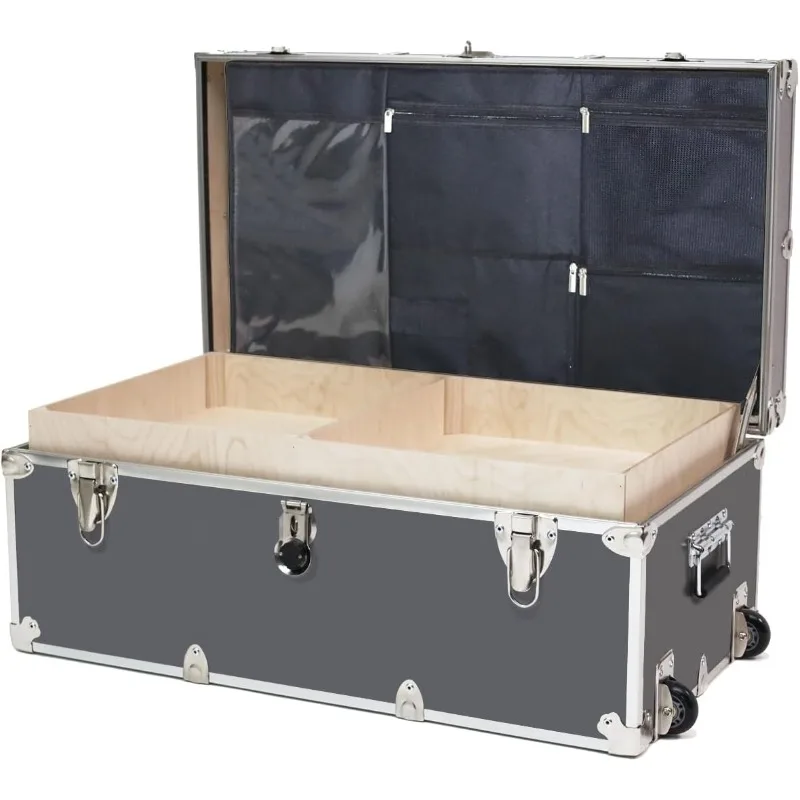 

Large Essential Summer Camp Trunk with Wheels, Tray & Lid Organizer, Camping Footlocker Storage Chest, Strong