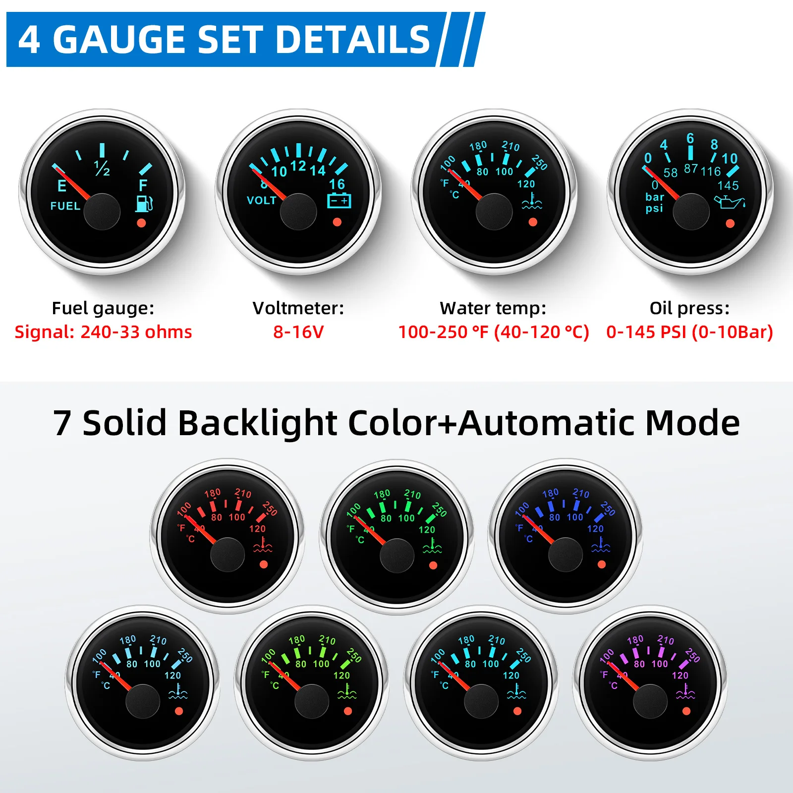 52MM 4 Gauge Set 240-33ohm Fuel Level Gauge Water Temp Oil Pressure Voltmeter With Oil Pressure & Water Temp Sensor For Boat Car
