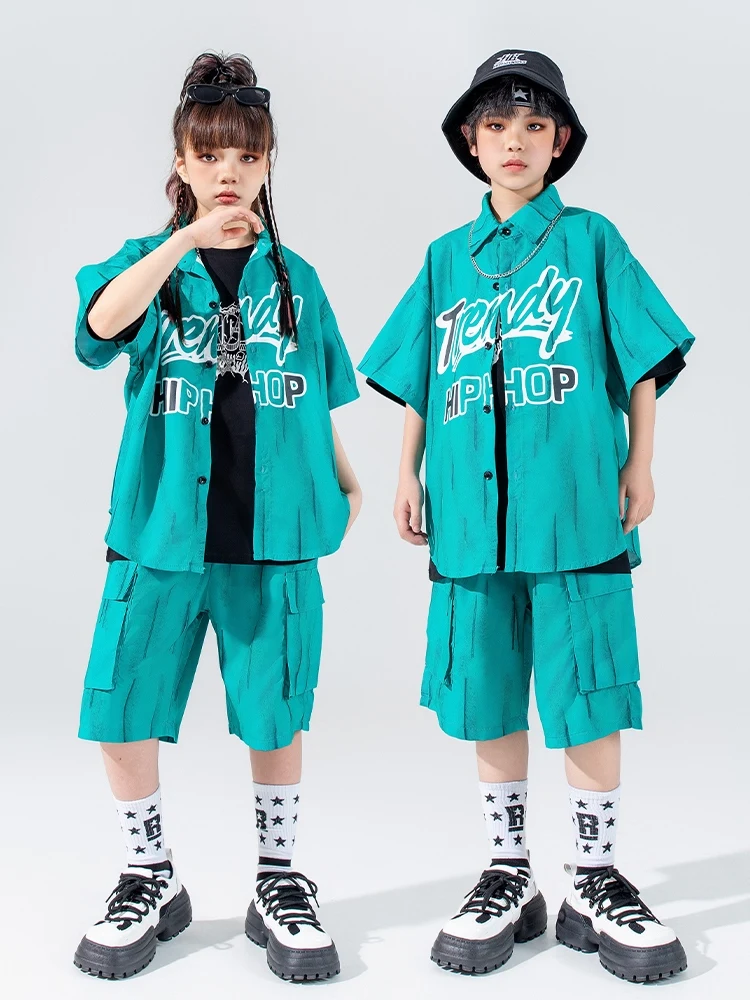 

Children Jazz Modern Dance Costumes For Girls Blue Shirts Loose Shorts Outfits Streetwear Boys Hip Hop Stage Clothes DQS16773