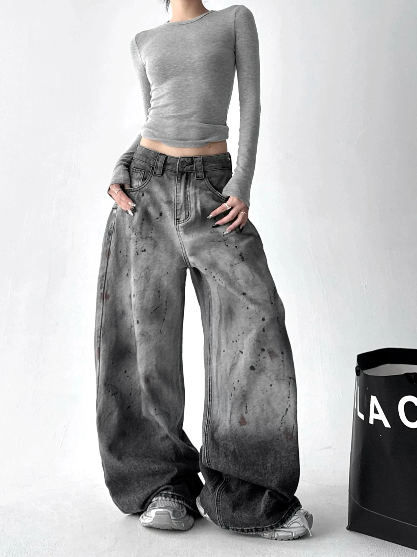 Y2K Splashed Ink Jeans Women Graffiti High Waist Wide Leg Loose Floor Length Casual Pants Autumn New