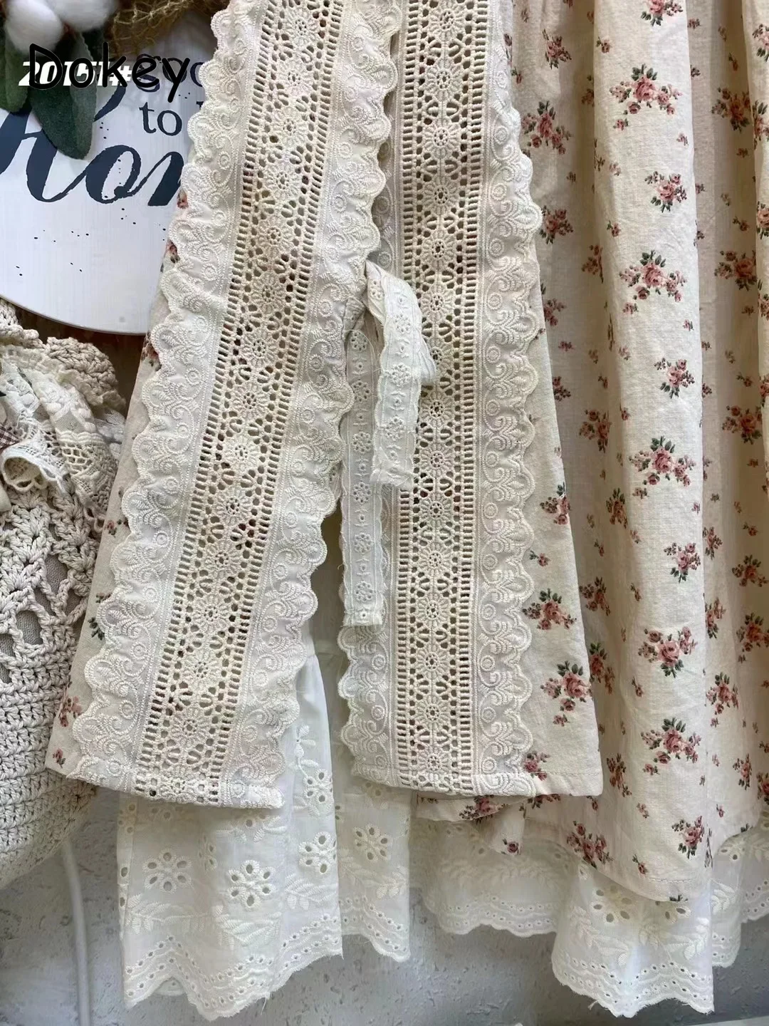 Gonna in lino di cotone Patchwork di pizzo ricamo Vintage da donna, stampa artistica, gonna lunga Casual a-line, allentata Kawaii Lolita, pieghettata