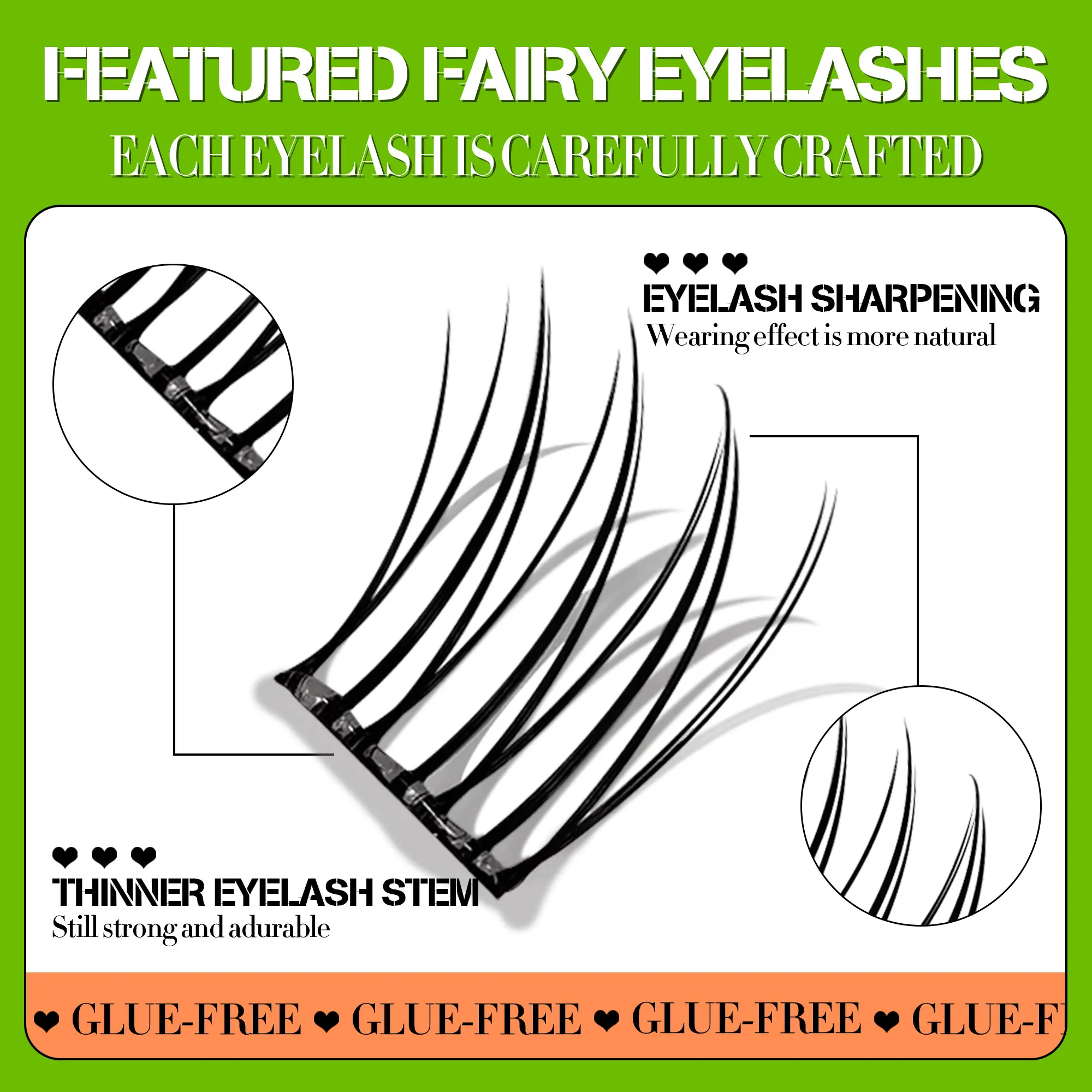 10列の接着剤不要つけまつげ、ナチュラル、フレッシュ、カール、漫画風の目、甘い日常使いのセグメントつけまつげ。