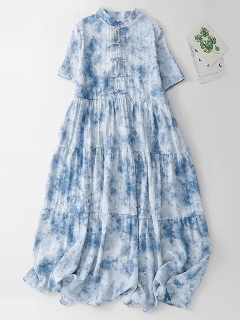 Nowa Sukienka Cheongsam w Chińskim Stylu z Nadrukiem, Ulepszona, Damska, Letnia, Ekskluzywna Sukienka z Lnu z Klamrą, Długa, W046, Kolekcja 2025