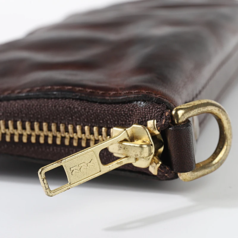 Original handmade plant tanned cow leather long purse copper chain pants men's zipper money clip vintage do old pleated clutch b