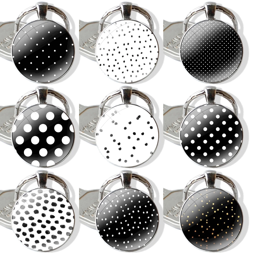 Keychain Handmade Glass Cabochon Key Ring Holder Pendant Key Chains Black and White Polka Dot