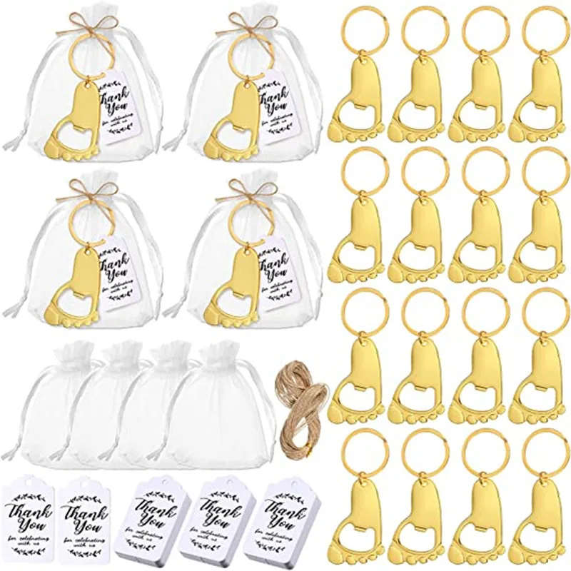 50-piece baby footprint key chain bottle opener baby shower party with organic cloth bag and baby shower party souvenir label